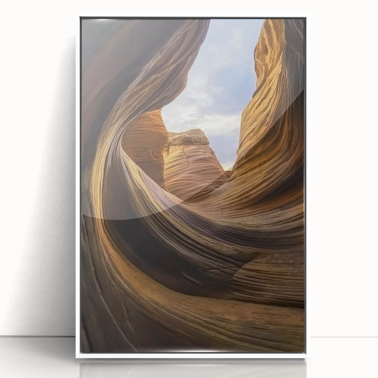 Framed acrylic landscape artwork depicting vibrant canyons in rich earth tones, showcasing intricate details, ideal for modern home decor.