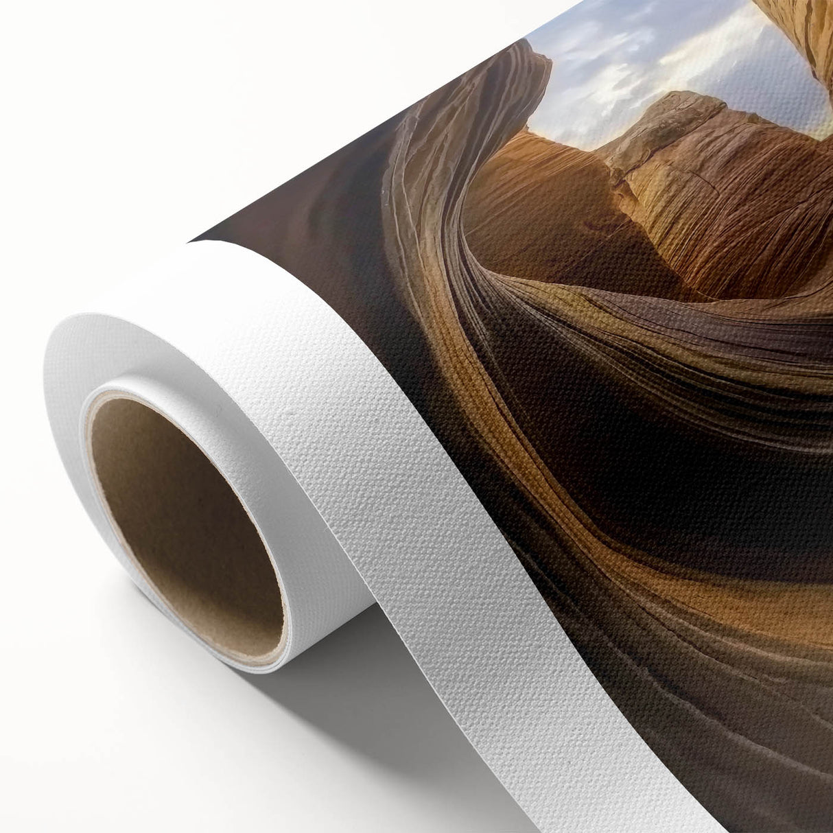 Stunning rolled canvas showcasing a vibrant landscape of canyons with rich earth tones, ideal for home decor or art enthusiasts, packaged securely for delivery.