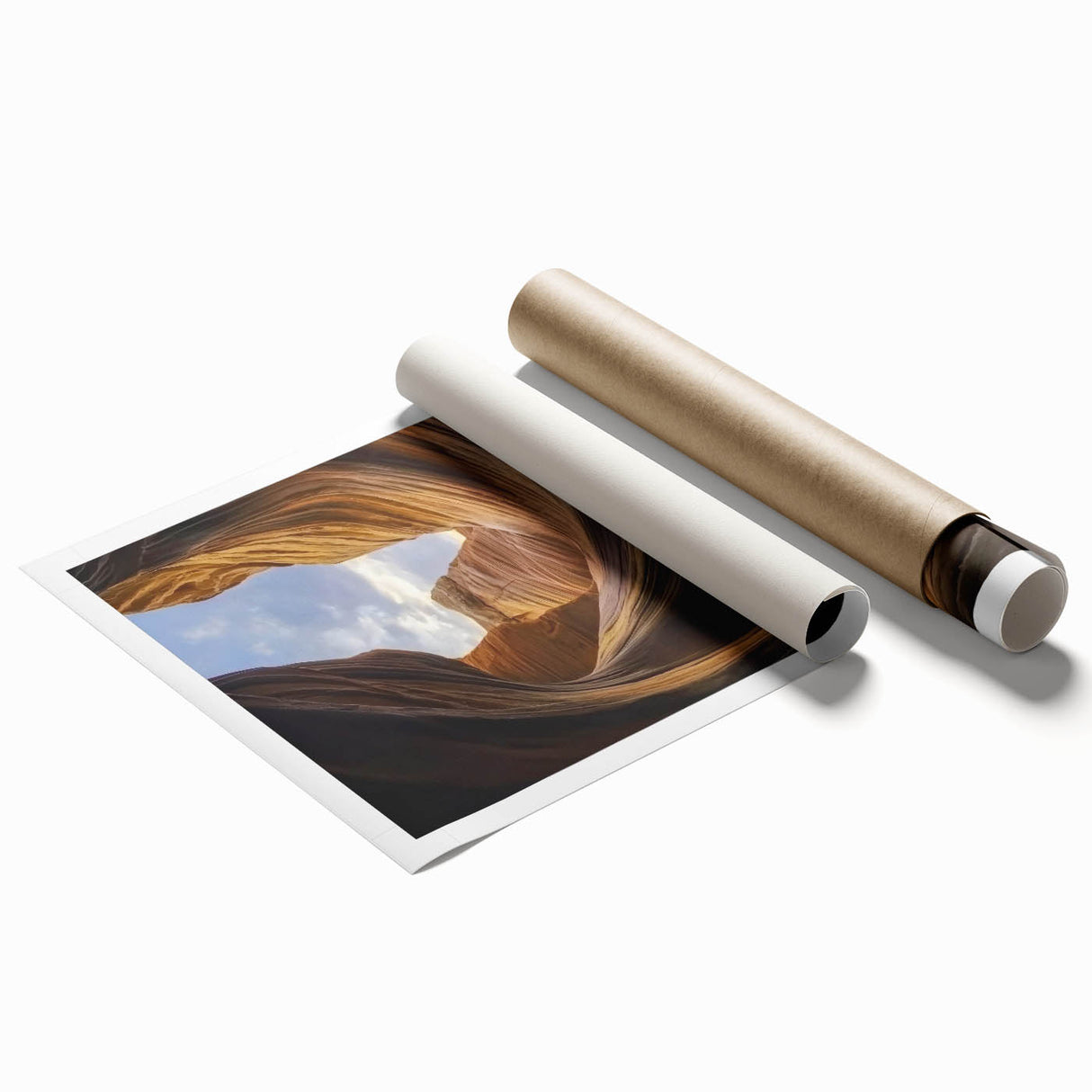 Vibrant landscape print depicting majestic canyons in rich earthy tones, rolled for easy shipping and framed display, ideal for home or office decor.