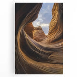 Stretched canvas art depicting a stunning landscape of canyons at sunset, featuring vibrant hues of orange and purple, ideal for home decor and visual appeal.