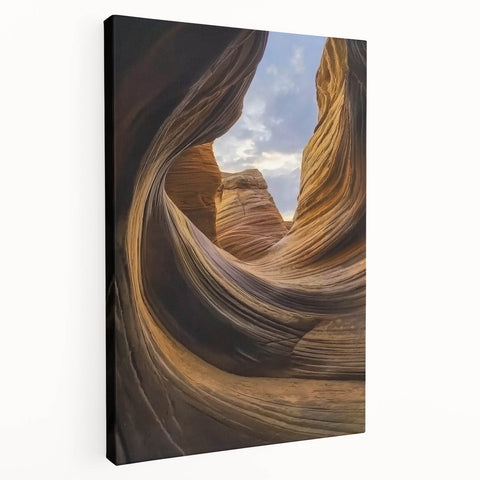 Stretched canvas artwork depicting a vibrant landscape of canyons, showcasing rich earth tones and dramatic rock formations, perfect for home decor.
