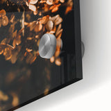 Large abstract wall art in warm autumn hues on acrylic glass, ideal for dining room ambiance.