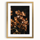 Extra large abstract art print featuring textured fall foliage in warm gold tones, framed with a gold mat.