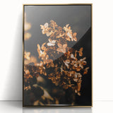 Large art print of a mid-century modernist fall scene in vibrant orange and gold tones, framed acrylic.