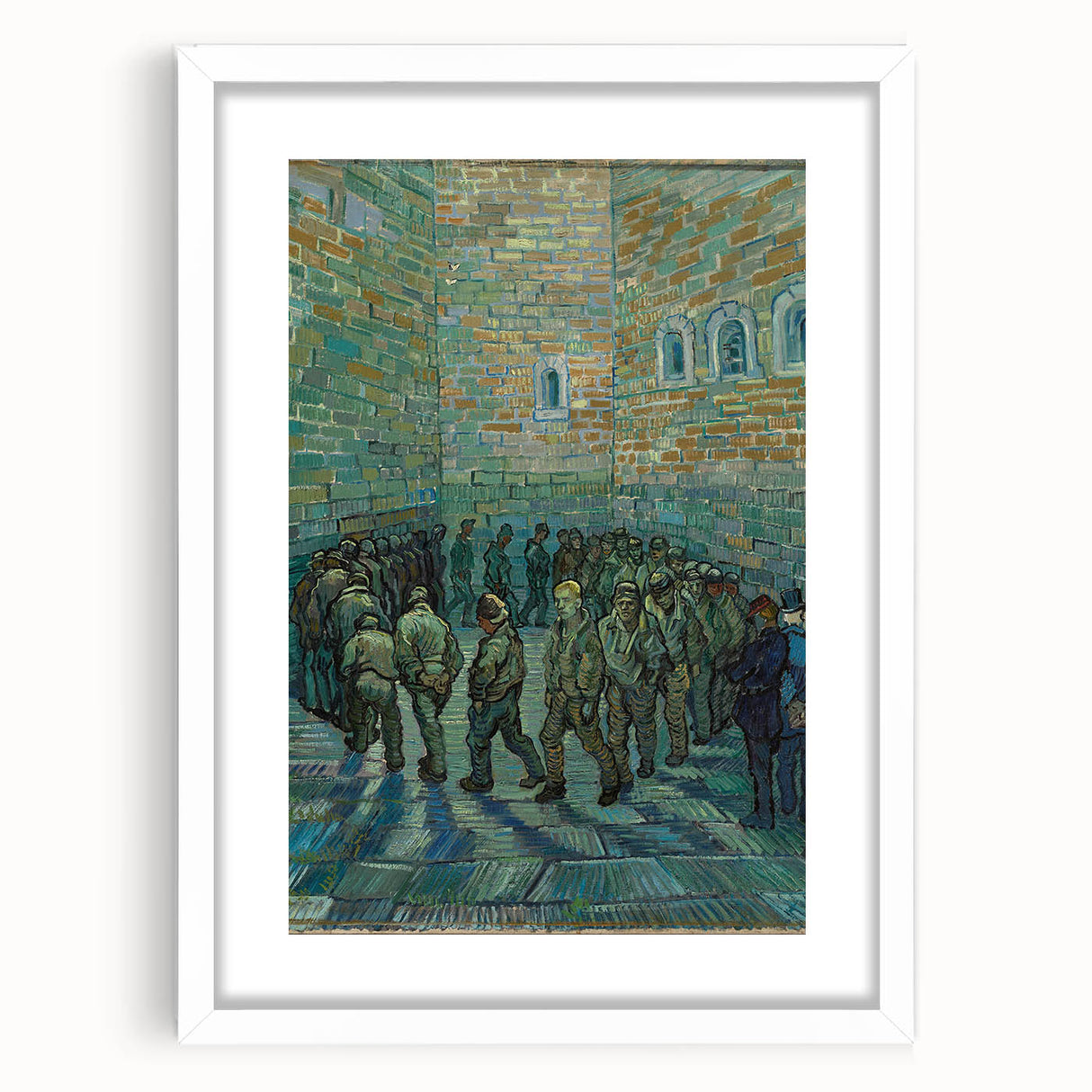 Textured abstract art print depicting swirling blue and yellow patterns, framed in white, ideal for bedroom wall decor.