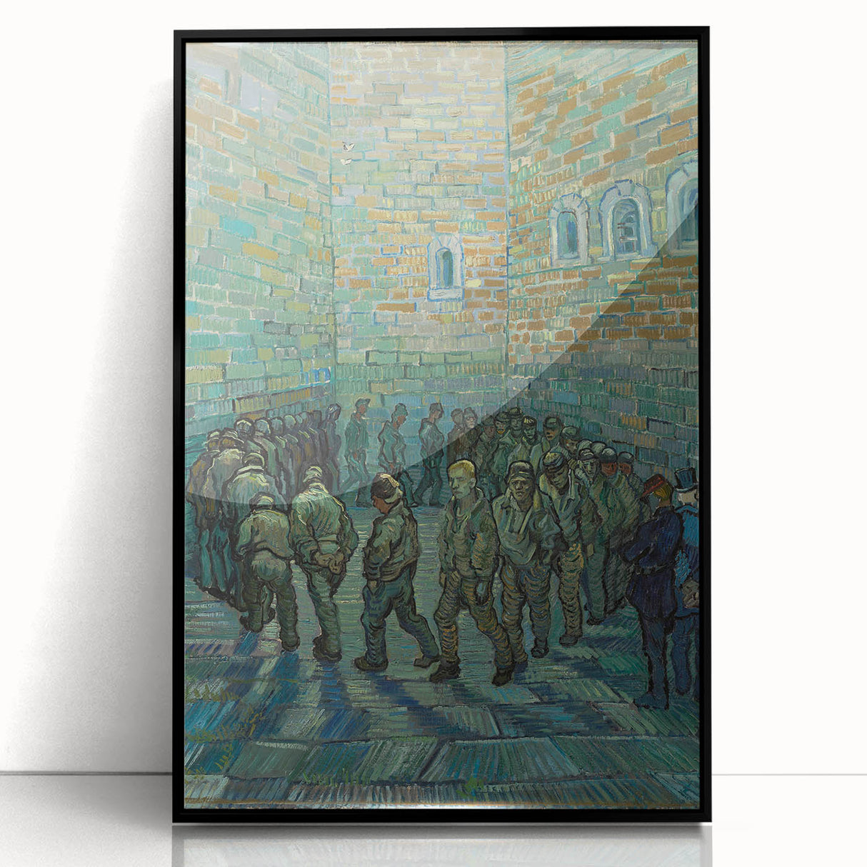 Large abstract wall art featuring swirls in vibrant blues and yellows on a black acrylic frame.