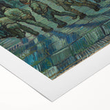 Art deco poster featuring a geometric pattern in muted gold and navy, on rolled canvas, suitable for dining room decor.