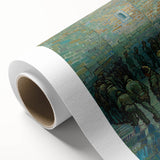 Art deco style poster of Van Gogh's Starry Night on rolled canvas, featuring deep blue and yellow tones.