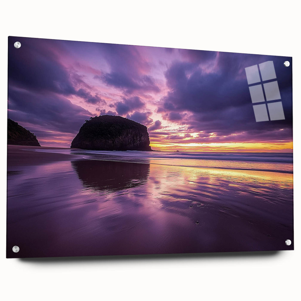 Acrylic landscape artwork depicting dramatic cliffs in vibrant colors, mounted on glass with stylish pins, ideal for modern home decor and art enthusiasts.