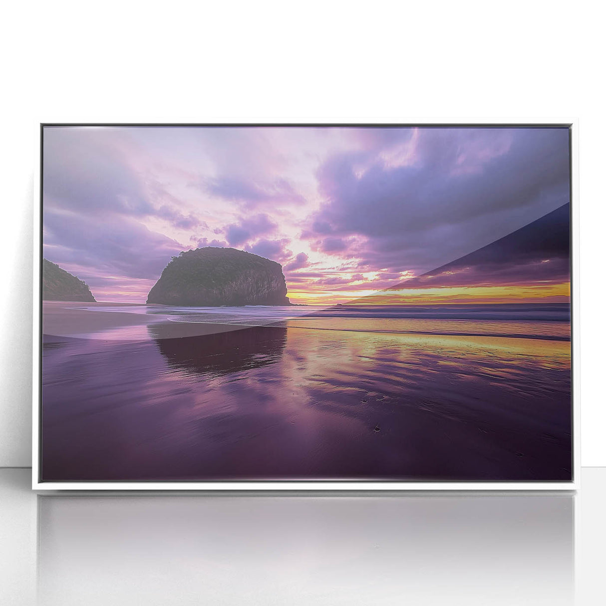 Framed acrylic art print showcasing a stunning landscape of rugged cliffs and vibrant skies, designed to enhance interior decor with its modern aesthetic.