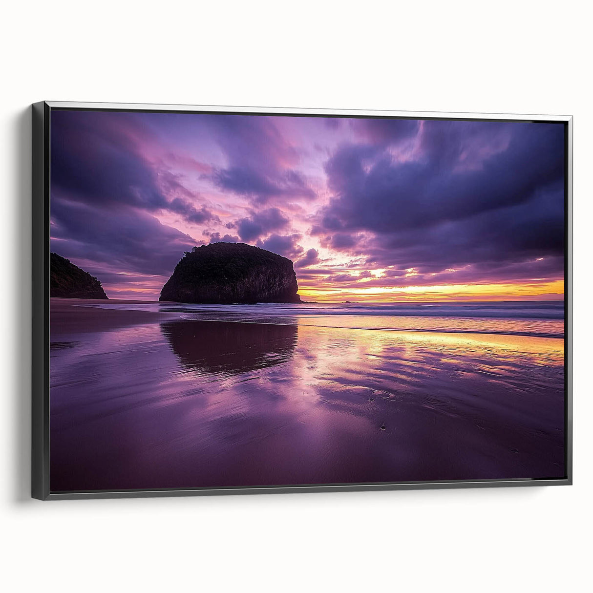 Framed canvas artwork showcasing a dramatic cliff landscape in vibrant colors, featuring a black frame, ideal for enhancing modern home decor.