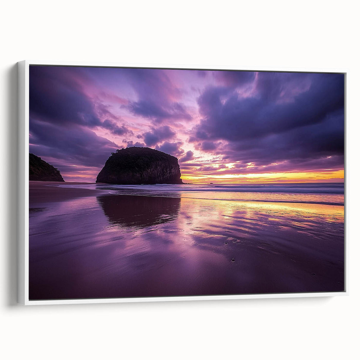 Framed canvas artwork showcasing a stunning landscape of towering cliffs, with a white frame enhancing the vibrant colors and textures, ideal for home decor.