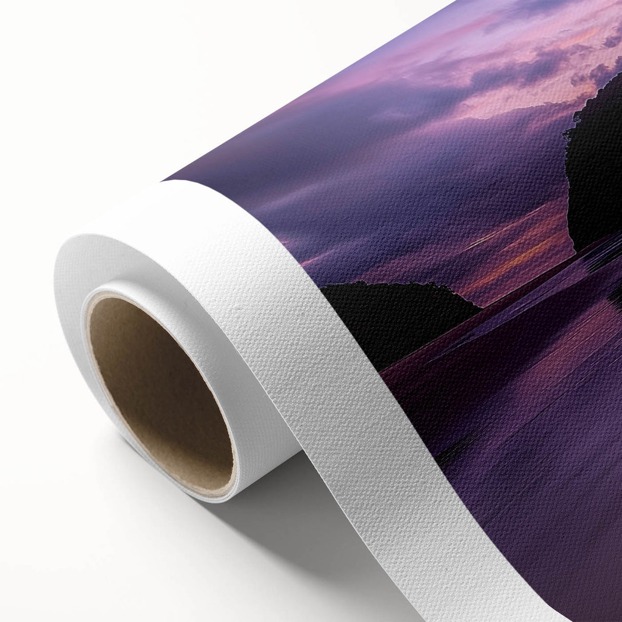Vibrant rolled canvas artwork depicting dramatic cliffs and serene landscapes, showcasing rich colors and intricate details, perfect for home decor.