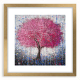 Framed Dining Room Prints – Vibrant Pink Tree on Gray Canvas