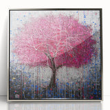 Framed Dining Room Prints – Vibrant Pink Tree on Gray Canvas