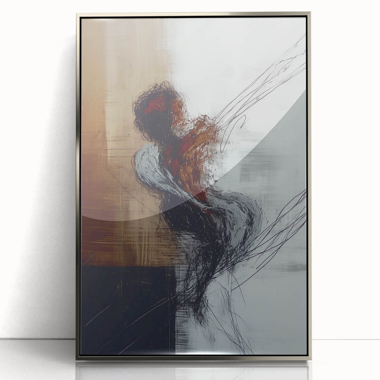 Framed abstract figurative acrylic artwork in silver, showcasing fluid shapes and modern design elements, perfect for contemporary home decor and artistic spaces.