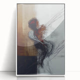 Framed abstract figurative artwork in white acrylic, showcasing vibrant colors and dynamic shapes. Perfect for contemporary home decor, adding a modern touch to any room.