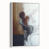 Abstract figurative framed canvas artwork showcasing a modern design in neutral tones, displayed from the side against a white background, emphasizing its sleek frame and artistic details.