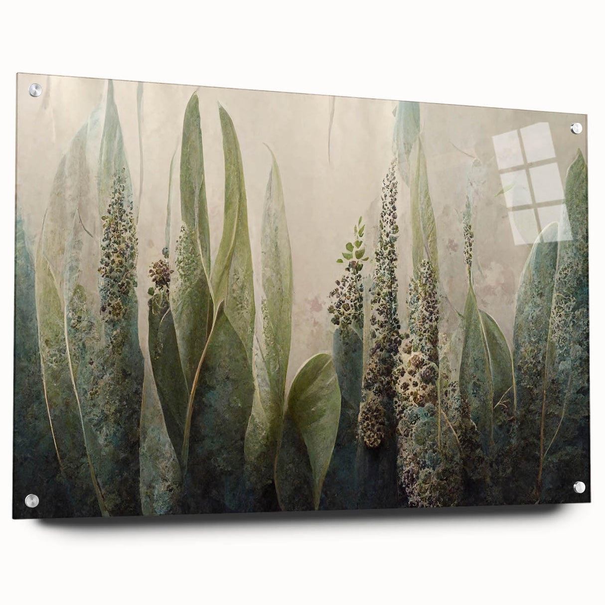 Abstract floral wall art design displayed in a side view, featuring vibrant colors and intricate patterns, mounted with pins on an acrylic glass frame, perfect for modern home decor.
