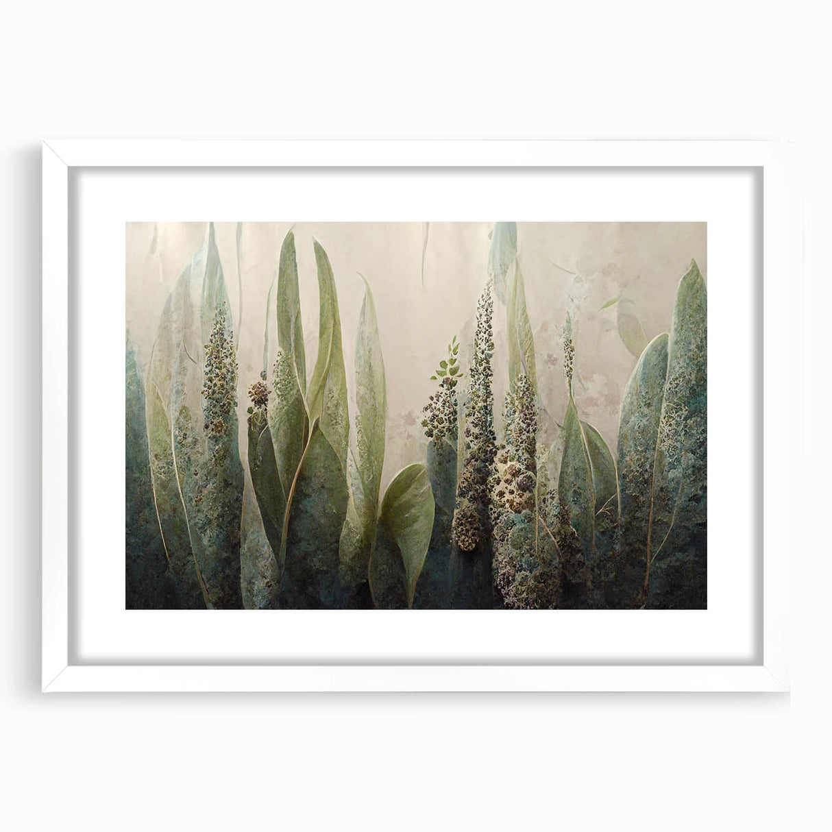Abstract floral wall art framed in white, showcasing vibrant colors and intricate designs, perfect for modern home decor. Ideal for creating an artistic focal point in any room.
