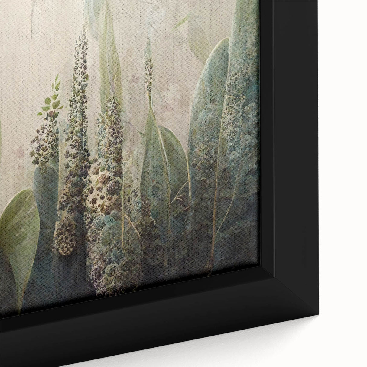 Close-up of a framed canvas wall art featuring vibrant abstract florals in shades of pink, blue, and green, ideal for modern home decor. This high-quality piece adds a touch of elegance and color to any interior space, enhancing visual appeal and artistic ambiance.