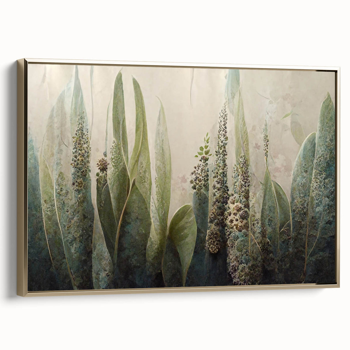 Framed abstract floral wall art showcasing vibrant gold accents on a textured canvas, displayed in a stylish setting, ideal for modern decor.