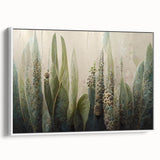 Framed canvas wall art showcasing a vibrant abstract floral design with a white background, offering a modern touch to home decor. Ideal for living rooms or offices.