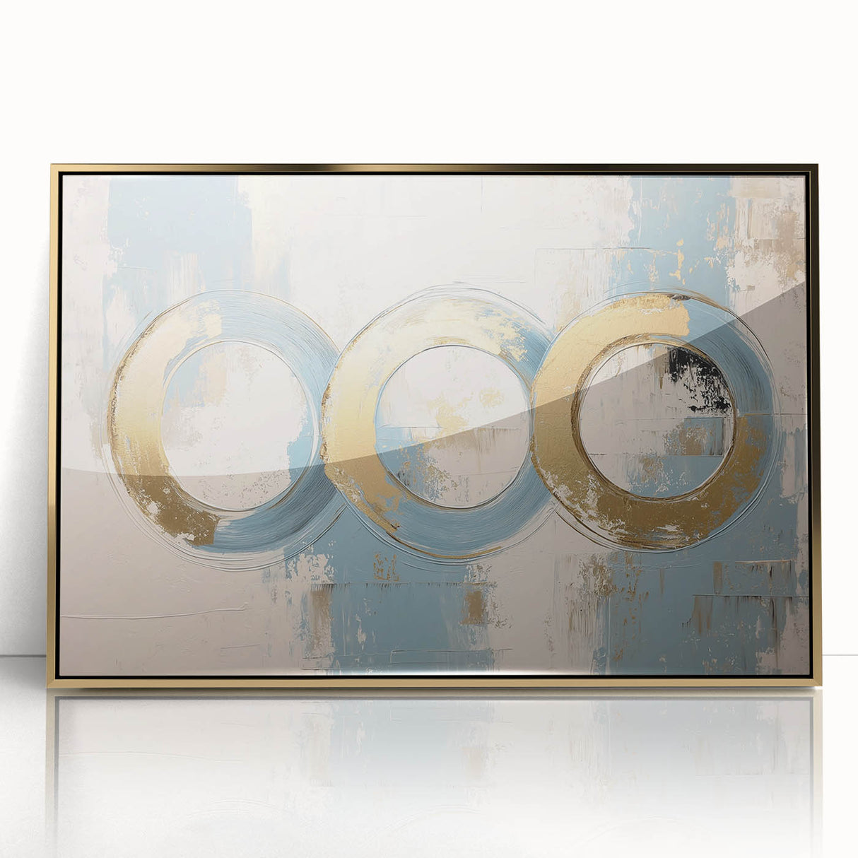 Framed acrylic artwork showcasing an abstract geometric design in gold tones, perfect for modern decor. Ideal for enhancing contemporary living spaces with elegance.