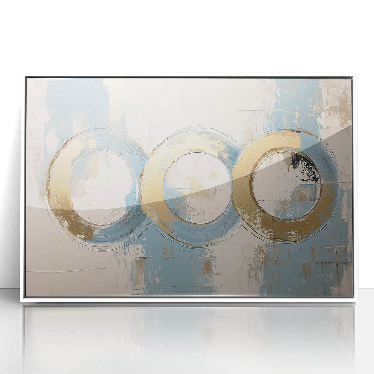Abstract geometric framed acrylic artwork in white, showcasing bold shapes and vibrant colors, perfect for modern home decor and enhancing interior aesthetics.