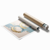 Abstract geometric rolled print showcasing vibrant colors and intricate patterns, elegantly packaged in a sturdy cardboard tube for safe delivery and display.