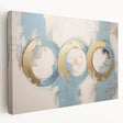 Abstract geometric stretched canvas artwork showcasing vibrant colors and unique shapes, ideal for modern home decor. Side view highlights the canvas depth and texture, perfect for enhancing interior aesthetics.