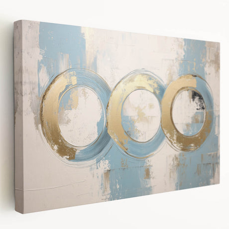 Abstract geometric stretched canvas artwork showcasing vibrant colors and unique shapes, ideal for modern home decor. Side view highlights the canvas depth and texture, perfect for enhancing interior aesthetics.
