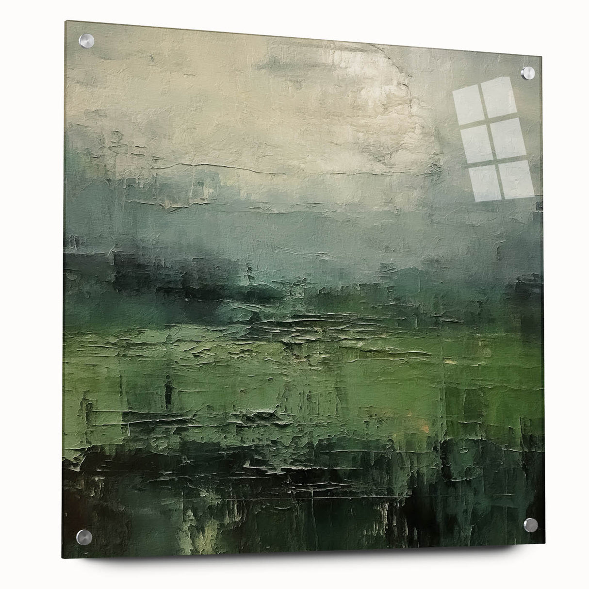 Abstract landscape wall art displayed in a side view with acrylic glass and decorative pins, showcasing vibrant colors and intricate details, perfect for modern decor.