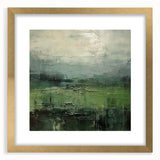 Abstract landscape wall art framed with a gold mat, showcasing vibrant colors and intricate textures, ideal for modern home decor or office spaces.