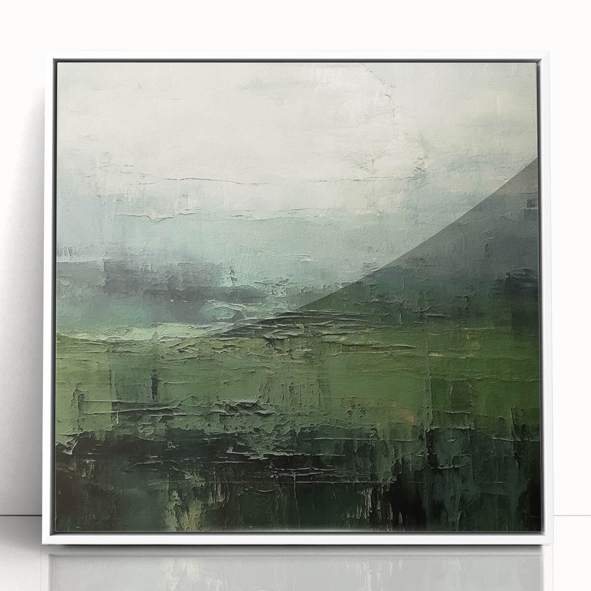 Framed abstract landscape wall art showcasing vibrant colors and fluid shapes, set against a sleek white background, perfect for modern home decor.