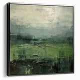 Framed abstract landscape wall art featuring rich hues of blue and gold, displayed in a sleek black frame from a side view, perfect for modern decor.