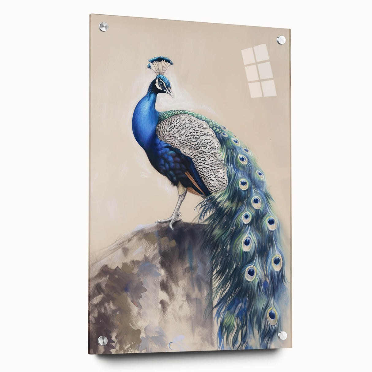 Acrylic glass display of a vibrant animal design, showcasing intricate details and vivid colors, complemented by decorative pins. Ideal for modern decor enthusiasts.