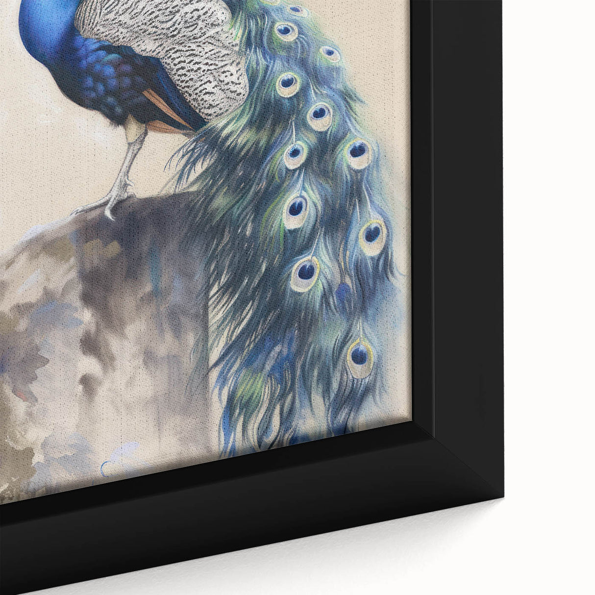 Close-up of a framed canvas print depicting vibrant animal illustrations, showcasing intricate details and vivid colors, perfect for home decor or art enthusiasts.