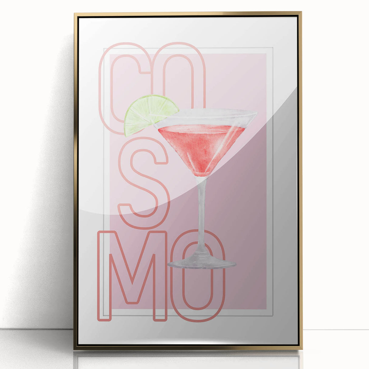Large art print featuring a mid-century modernist food and drinks theme in gold tones, framed acrylic.