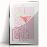 Mid-century modernist art deco poster featuring a simplistic food and drinks design on a silver-framed acrylic.