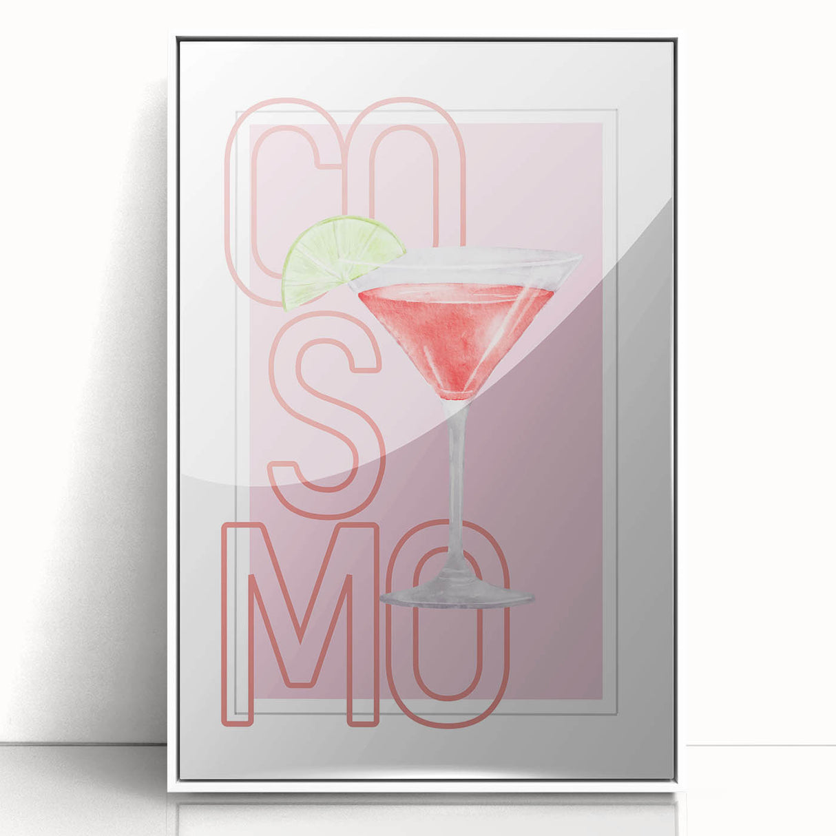 Art deco poster featuring stylized food and drink items in bold black outlines on a white acrylic framed print.