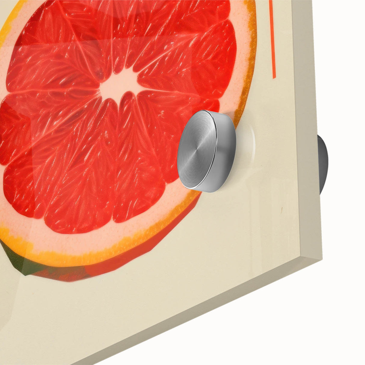 Close-up of large abstract fruit-themed acrylic glass wall art in vibrant colors, ideal for dining room decor.