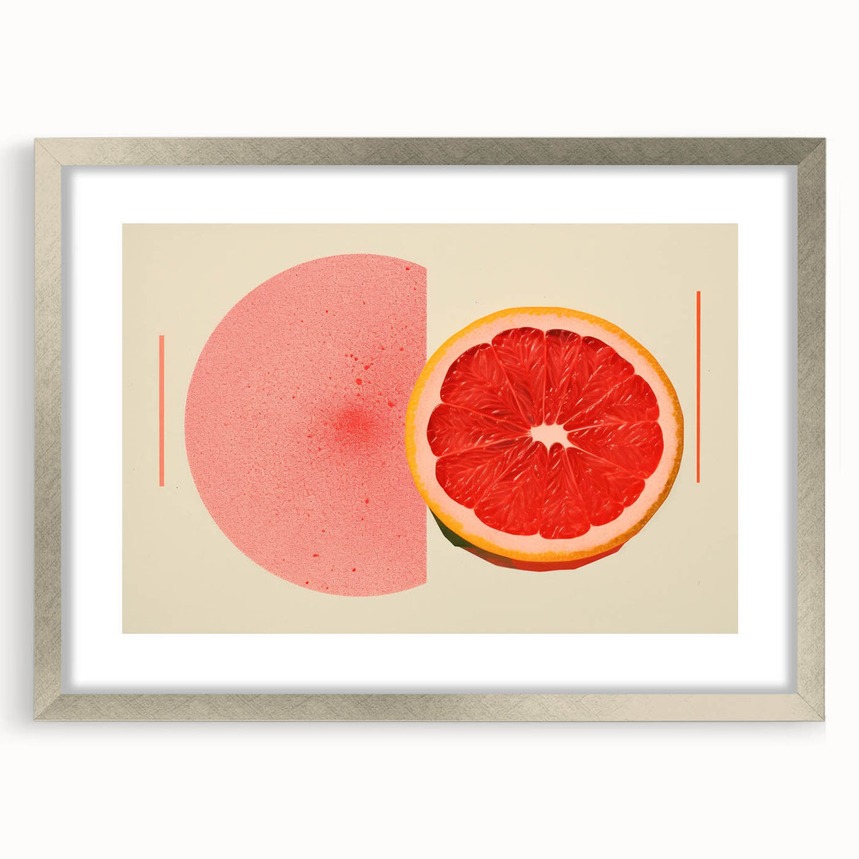 Textured abstract art print of various fruits in muted earth tones, framed in silver, ideal for bedroom wall decor.