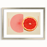 Textured abstract art print of various fruits in muted earth tones, framed in silver, ideal for bedroom wall decor.