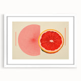 Abstract art print featuring assorted fruits in vibrant colors on a white framed mat, ideal for dining room decor.