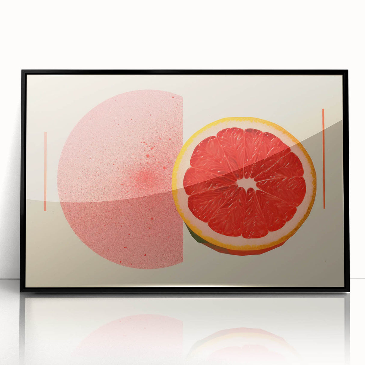 Large abstract wall art featuring assorted fruits in vibrant colors on a black acrylic framed print.