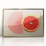 Large art print of assorted fruits in bold colors on gold-acrylic, framed.