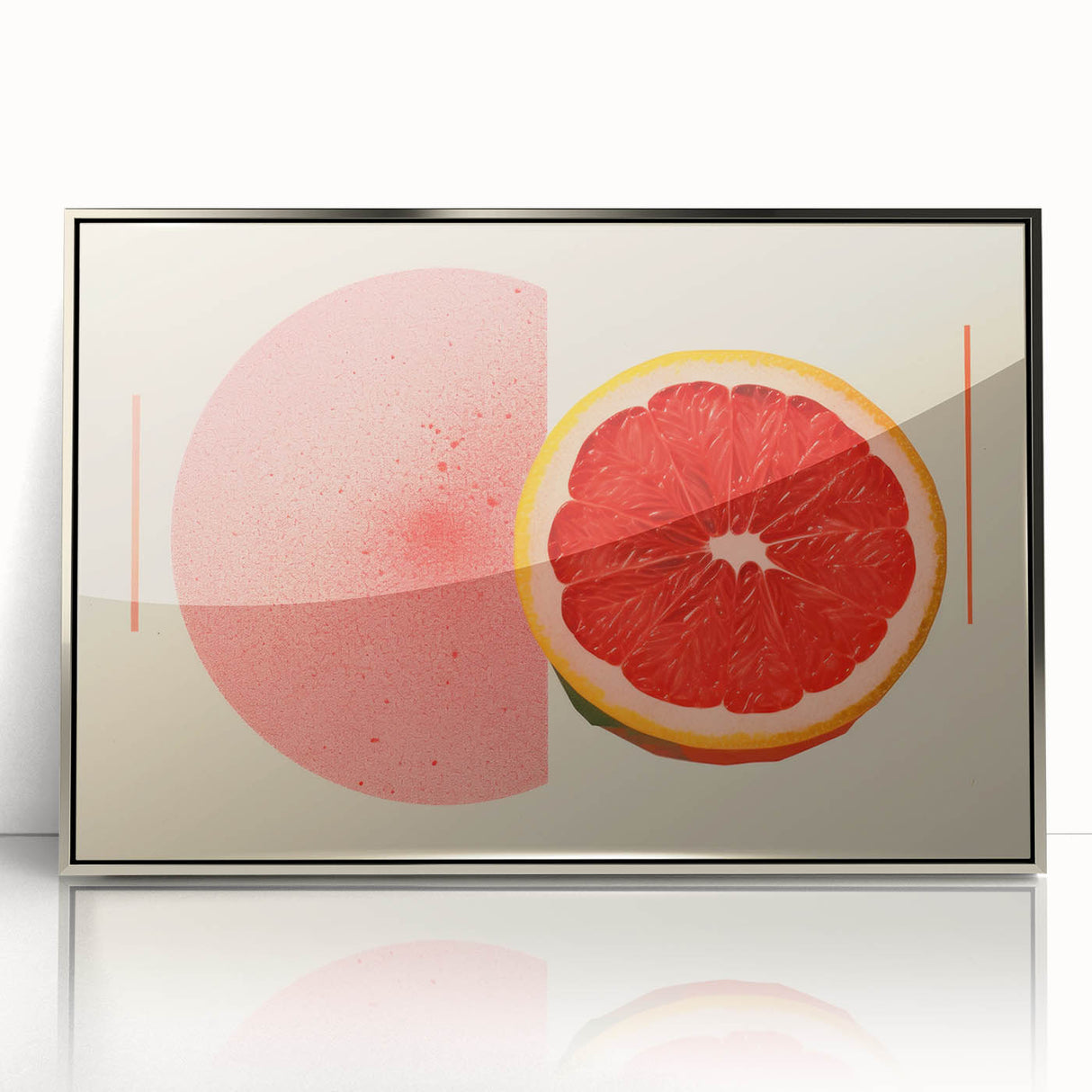 Mid-century modernist art featuring vibrant fruits in silver framed acrylic, ideal for nursery wall art.