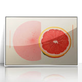 Art deco poster featuring a variety of colorful fruits on a white acrylic framed print, suitable for modern kitchen decor.