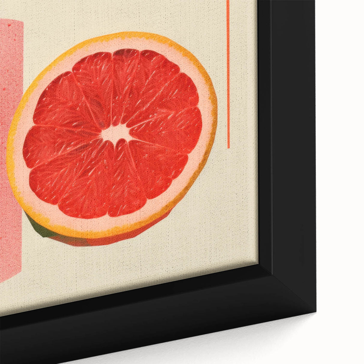Close-up of a black framed canvas featuring textured, colorful fruits, ideal for extra large living room wall art.